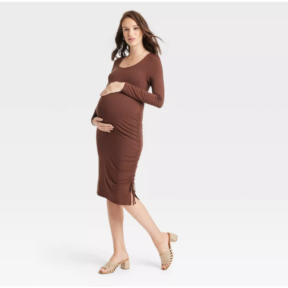 Isabel Maternity Long Sleeve Rushed Bodycon Midi Maternity Dress - Brown XXL NWT